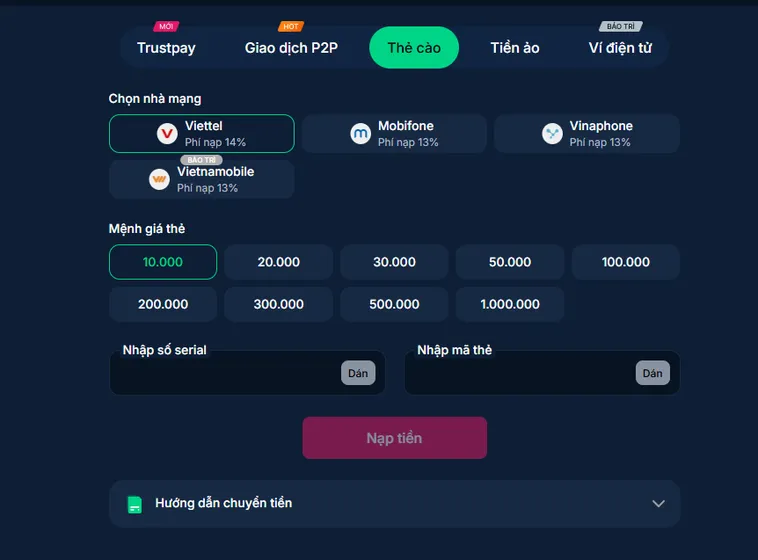 Hướng dẫn nạp tiền qua thẻ cào tại RikVip